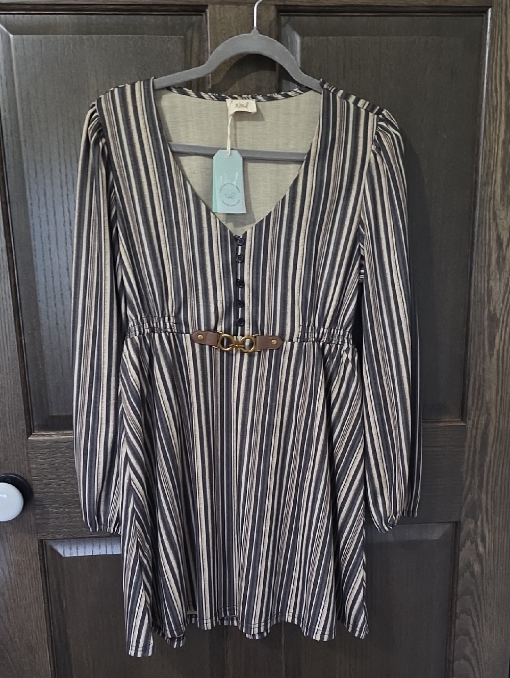 NKN Striped V-Neck Long-Sleeve Dress with Waist Buckle Detail